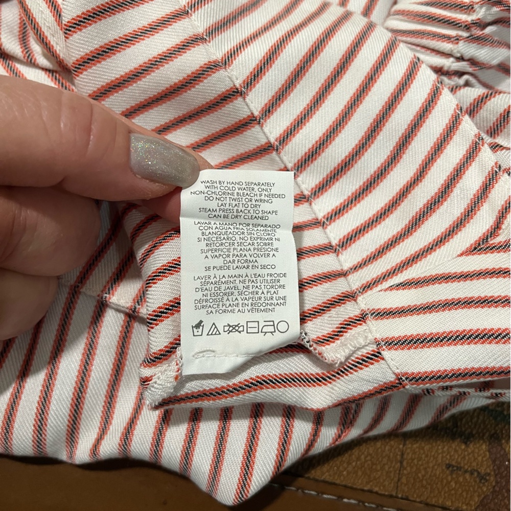CAbi Red & Cream Striped Button Front Off Shoulder Women's Crop Top Blouse Shirt - Picture 8 of 8